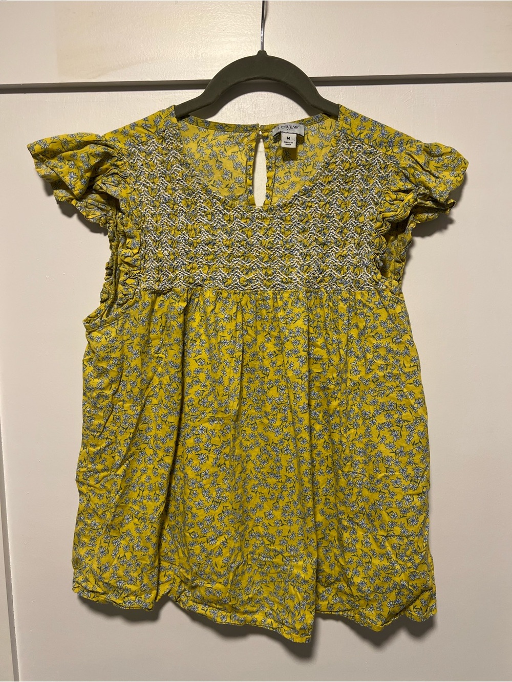 J. Crew Yellow Floral Smocked Sleeve Top